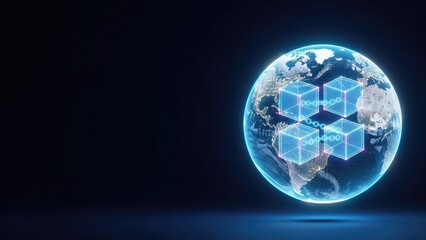 Glowing Earth with blockchain cubes in space