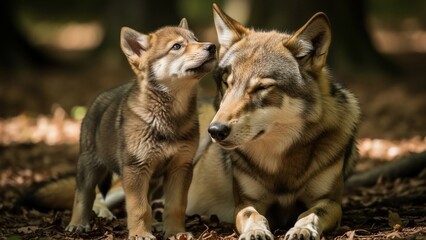 Fototapeta premium Adorable Wolf Pup Nuzzles Its Mother in a Forest Setting.