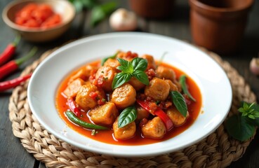 Spicy chicken dish Ayam Rica Rica Kemangi served with basil leaves and red chili peppers on white plate. Indonesian cuisine cooked with aromatic spices fresh ingredients.