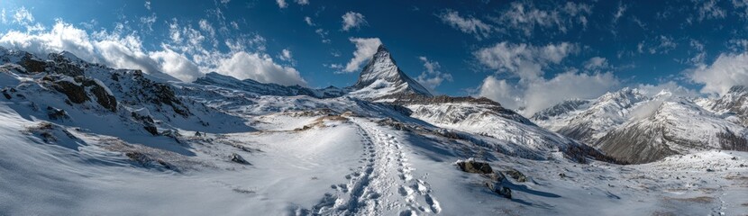 A trail winds through snow leading up to a tall mountain peak. Clouds hover above the summit. The scene shows a cold environment far from cities and crowds
