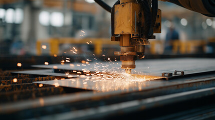 A CNC plasma cutter slicing clean shapes from thick steel sheets, sparks flying in a controlled industrial setting. cinematic color correction, natural uneven lighting yet gentle backlight, soft