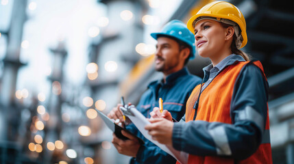 Faceless man and woman refinery engineers conducting inspection heavily defocused large petrochemical plant background anonymous professionals writing notes observing