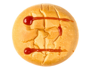 Round bread bun top view with ketchup sauce drizzle lines, simple food background element on isolated background