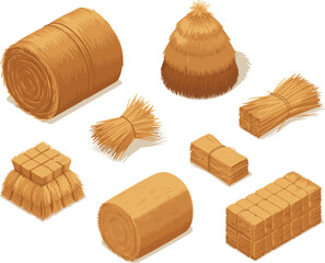 Isometric Hay and Straw Bales Set: Rolled, Bundled, and Stacked Dry Fodder for Farming and Agriculture
