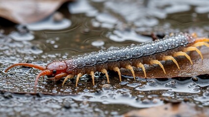 Close-up macro shot of a centipede with many legs and antennae on a wet surface.