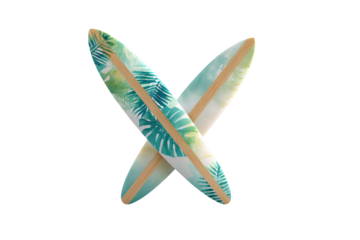 Watercolor tropical palm leaf surfboards crossed in an x shape against a black backdrop