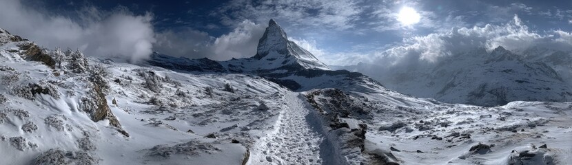 Obraz premium A trail winds through snow leading up to a tall mountain peak. Clouds hover above the summit. The scene shows a cold environment far from cities and crowds