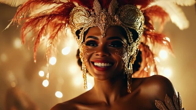 Beautiful woman dances samba amidst the colorful atmosphere of carnival in Rio de Janeiro on the background of fireworks.Bright traditional clothes with feathers. 