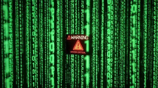 Digital cyber security warning with binary code system critical alert