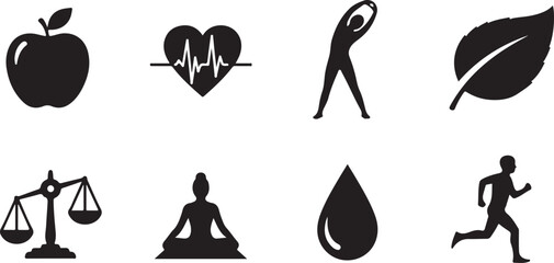 Eight icons representing wellness and healthy living