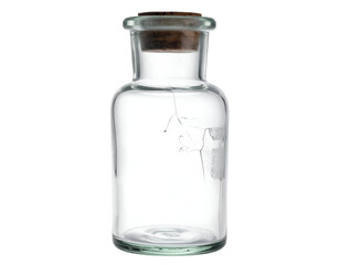 Empty clear glass bottle with cork stopper, small apothecary jar with visible crack and label residue on isolated background