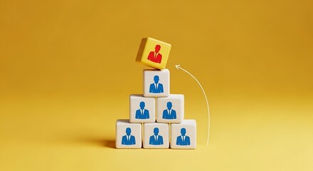 Leadership change concept shows one executive block replacing another atop a pyramid