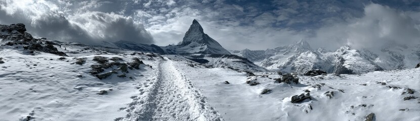 A trail winds through snow leading up to a tall mountain peak. Clouds hover above the summit. The scene shows a cold environment far from cities and crowds