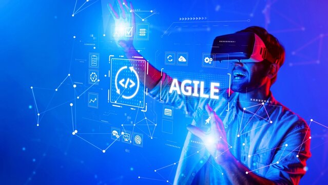 A man immersed in a virtual reality headset interacts with a vibrant digital interface showcasing agile development concepts, symbolizing innovation and creativity. Raster - Powered by Adobe