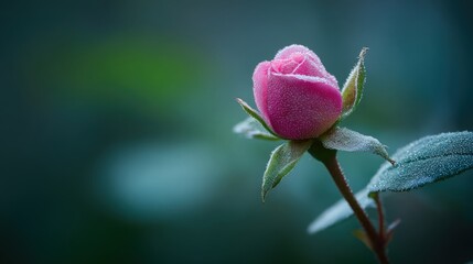 Fototapeta premium Vibrant Pink Rose Bud Crystalline with Frost on Dark Background