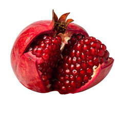 Fresh pomegranate partially opened showing shiny red arils inside, whole ripe fruit closeup on isolated background
