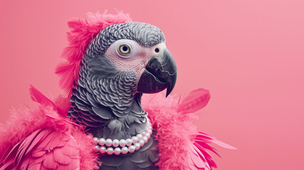 Obraz premium A parrot wearing a pearl necklace around its neck, confidently embracing its sense of style and fashion, with pink feathers adorning its head.
