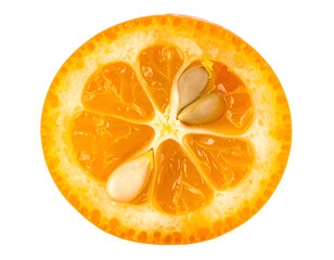 Orange slice cross section with juicy segments and visible seeds, fresh citrus fruit macro closeup on isolated background