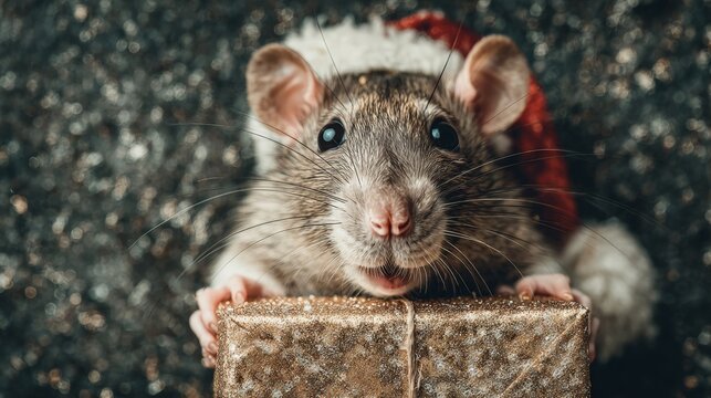 Smiling rodent in santa's hat evokes the magic of festive gatherings. Epic poster. Cute rat baby with santa hat and gift on a christmas card scene. Film poster. Movie artwork.