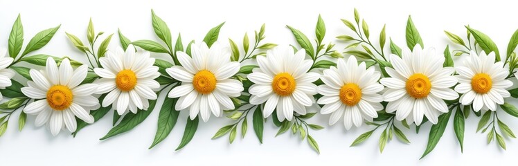 Fototapeta premium Line of white daisies with green leaves on white background. Floral border design elements, fresh summer nature, botanical pattern for decoration. White petals, yellow centers form beautiful