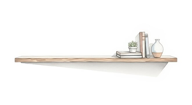Simple wooden wall mounted shelf displays decorative items on a plain background