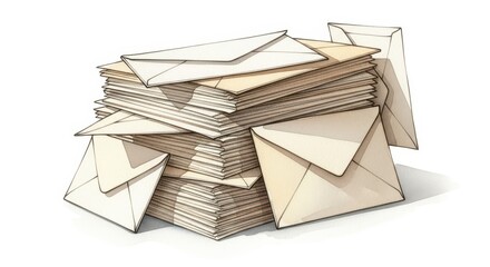 Stacked pile of numerous correspondence envelopes displayed against a white background