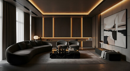 Luxury Modern Living Room Interior with Dark Tones, Elegant Sofa Design and Ambient Lighting, Creating a Sophisticated Atmosphere for Premium Home and High-End Interior Design Concepts