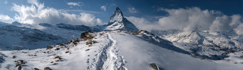 A trail winds through snow leading up to a tall mountain peak. Clouds hover above the summit. The scene shows a cold environment far from cities and crowds