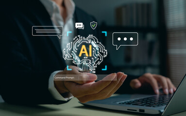 Artificial intelligence assistant concept with digital brain interface above human hand and laptop, showing AI command prompt, chatbot communication, cybersecurity, smart business workflow.
