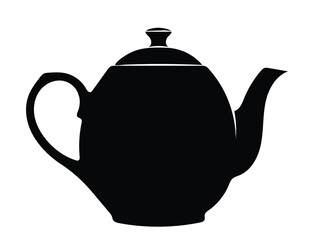 A simple black silhouette of a classic teapot with curved handle