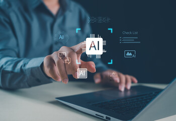 Artificial intelligence automation and digital checklist concept with businessman touching AI chip interface above laptop, showing smart workflow control, efficiency, business process optimization.