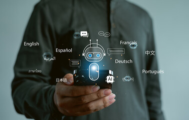 Artificial intelligence chatbot and global multilingual communication concept with user holding smartphone, showing AI translation, smart assistant, digital conversation, future language technology. © paripat