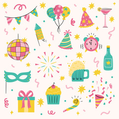 Bright Colorful Icons Of New Year Celebration Elements Including Decorations, Drinks, Food, And Party Tools