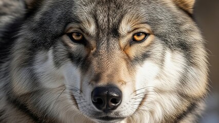 Close-up portrait of a majestic grey wolf with piercing yellow eyes.