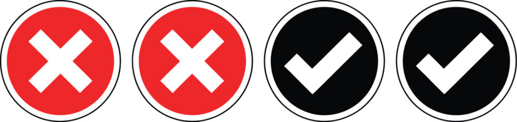 Fototapeta premium Set of two red circles with a white cross and two black circles with a white checkmark, representing rejection and approval