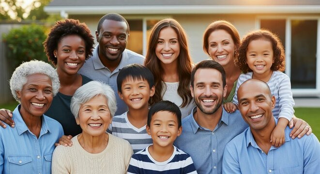 A diverse, multi-generational family is captured in a heartwarming outdoor portrait, all smiling broadly at the camera. The group includes grandparents, parents, and children of various ages and