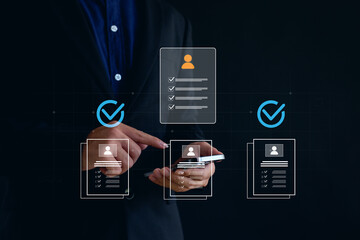 Business professional using smartphone to verify and select candidate profiles on digital interface, concept of recruitment, HR management, hiring approval, employee screening, and mobile workflow.