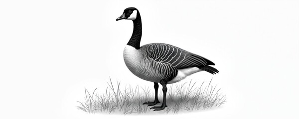 Detailed illustration of a Canada goose standing in dry grass. The bird features black white grey feathers and a long black neck. Created as a classic line art drawing for print or poster.