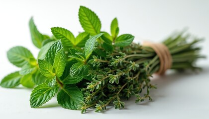 Obraz premium Fresh mint and thyme herbs tied with twine on a clean white surface. Aromatic greens used for cooking, drinks, and wellness treatments. Healthy natural ingredients.