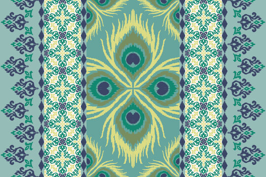 Seamless Peacock Feather Ikat Pattern in Soft Pastel Tones. ethnic traditional orientation design ikat style. Motifs African boho. Ethnic ikat floral Border Indian floral Aztec embroidery border