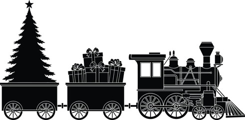 Festive Christmas train engine pulling a car full of stacked gift boxes and a flatbed carrying a large holiday decorated pine tree, symbolizing delivery and cheer. © Asha Moni