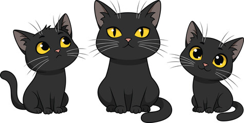 Cute Cartoon Black Cat Vector Set with Yellow Eyes; Adorable Kittens in Different Poses for Pet Shops, Halloween, and Animal Designs