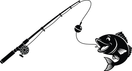 Fishing rod silhouette with hooked fish and bobber, detailed angling illustration perfect for outdoor sport designs, hobby graphics and recreational themes © Asha Moni