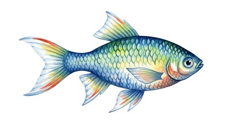 Fototapeta premium Watercolor illustration depicts a colorful, scaled aquatic animal facing right against a white background.