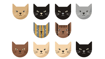 Fototapeta premium Set of ten vector illustrations of cartoon cat heads in different colors and patterns