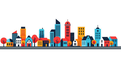 Vibrant cityscape illustration with modern buildings, trees, and a clean, flat design style.