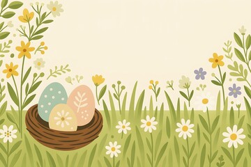 Easter Nest Illustration – Colorful Eggs in Spring Meadow with Flowers