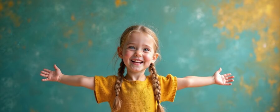 Happy young girl with blonde braids, blue eyes smiles widely with open arms. Wears yellow shirt against textured teal, gold background. Adorable kid expresses joy, welcome, inviting connection,