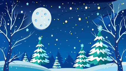 Naklejka premium Winter night in a snowy forest