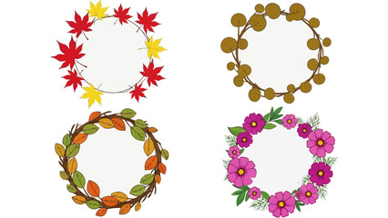 Vibrant Collection of Circular Autumn Wreath Designs Featuring Leaves and Flowers on White
